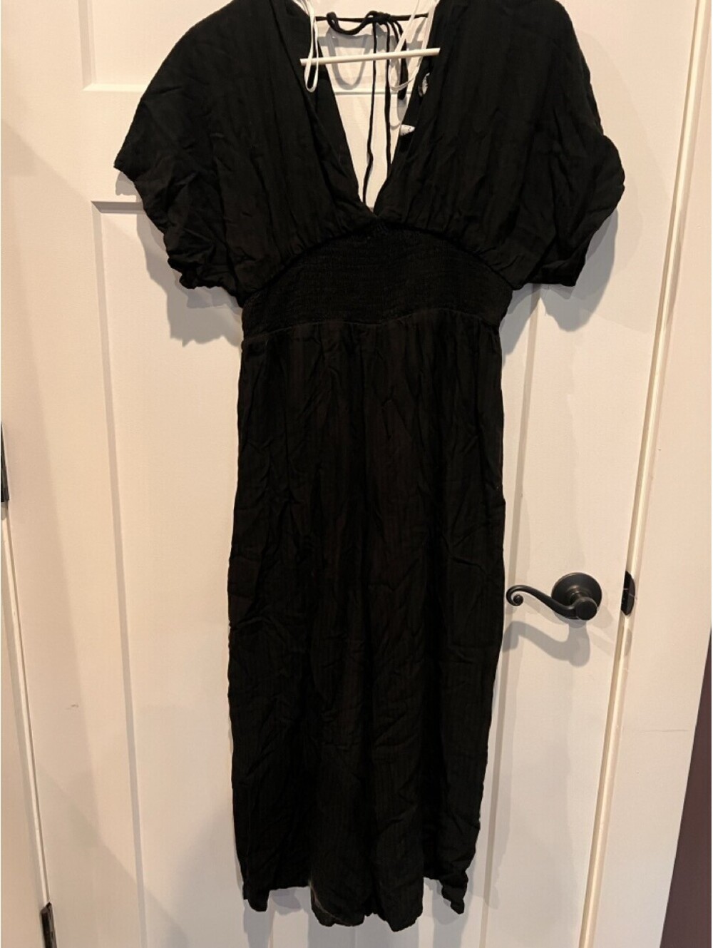 Womens S Black V Neck Puff Sleeve Wide Leg Jumpsuit Unbranded